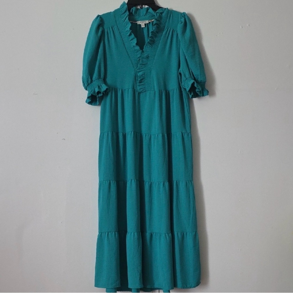 Umgee Teal Ruffle V-Neck Tiered Maxi Dress